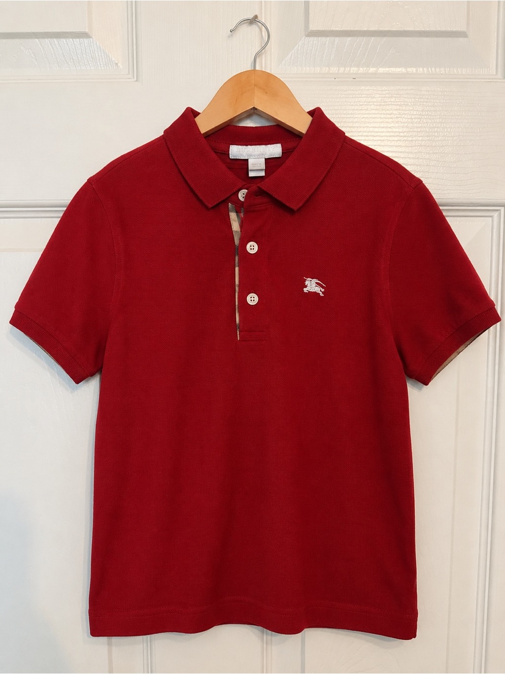 Burberry Boys Red Cotton Piqué Polo Check Placket 5Y 110cm